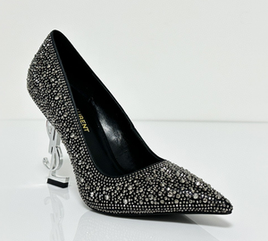 Crystal Embellished Pointed Toe <b>Pumps</b> <b>Black</b> Faux Leather High Heels All Seasons - Product Image 1