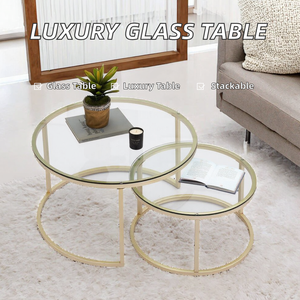 Table basse de luxe avec plateau rond en verre |   Table d'appoint empilable moderne pour salon, mobilier et accessoires contemporains pour la maison - Product Image 2