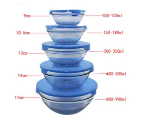 With Color Box Glass Salad Bowl Set Clear Mixing Bowl with Plastic CLASSIC Lid Microwavable Small Big Size Large Capacity 5 Pcs