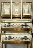 Vitrine de présentation de bijoux vintage en acier inoxydable doré avec tiroir de rangement, armoire en verre ultra-transparent avec éclairage LED intégré, design arrondi