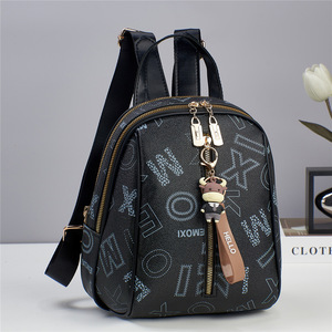 Cute <b>Women's</b> Black Letter Pattern <b>Backpack</b> with Zipper Closure and Cow Charm Keychain <b>Small</b> Capacity Daily Use Shoulder Bag - Product Image 5