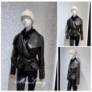 <span class=keywords><strong>Veste</strong></span> en cuir véritable <span class=keywords><strong>noire</strong></span> pour <span class=keywords><strong>femme</strong></span>, courte, ceinturée, style motard, avec grand col, manteau moto, vêtement d'extérieur d'automne, vente en gros OEM - Product Image 3