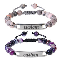 Pulsera de Acero Inoxidable de Fábrica, Diseño Curvo, con Cuentas de Turquesa Rosa Zebra, Grabado Láser de Logotipo y Nombre, Pulsera DIY Hecha a Mano para Parejas