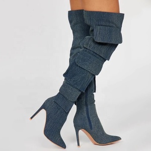 Silver Prints Women's Over Knee High Thin Heels Size 44 Pockets <b>Boots</b> Pointed Toe Camouflage Shoes Stiletto Denim Long Booties - Product Image 5