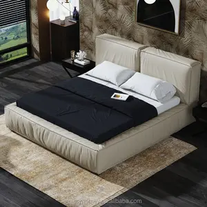 marco de cama europea Suppliers-Muebles modernos de lujo para dormitorio, cama doble de alta gama tapizada de cuero auténtico, cama italiana, king size, de cuero blanco