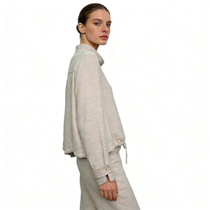 <span class=keywords><strong>Veste</strong></span> courte en <span class=keywords><strong>lin</strong></span> beige pour <span class=keywords><strong>femme</strong></span>, col montant, taille ajustable avec cordon, boutons sur le devant, <span class=keywords><strong>veste</strong></span> décontractée d'été - Product Image 3