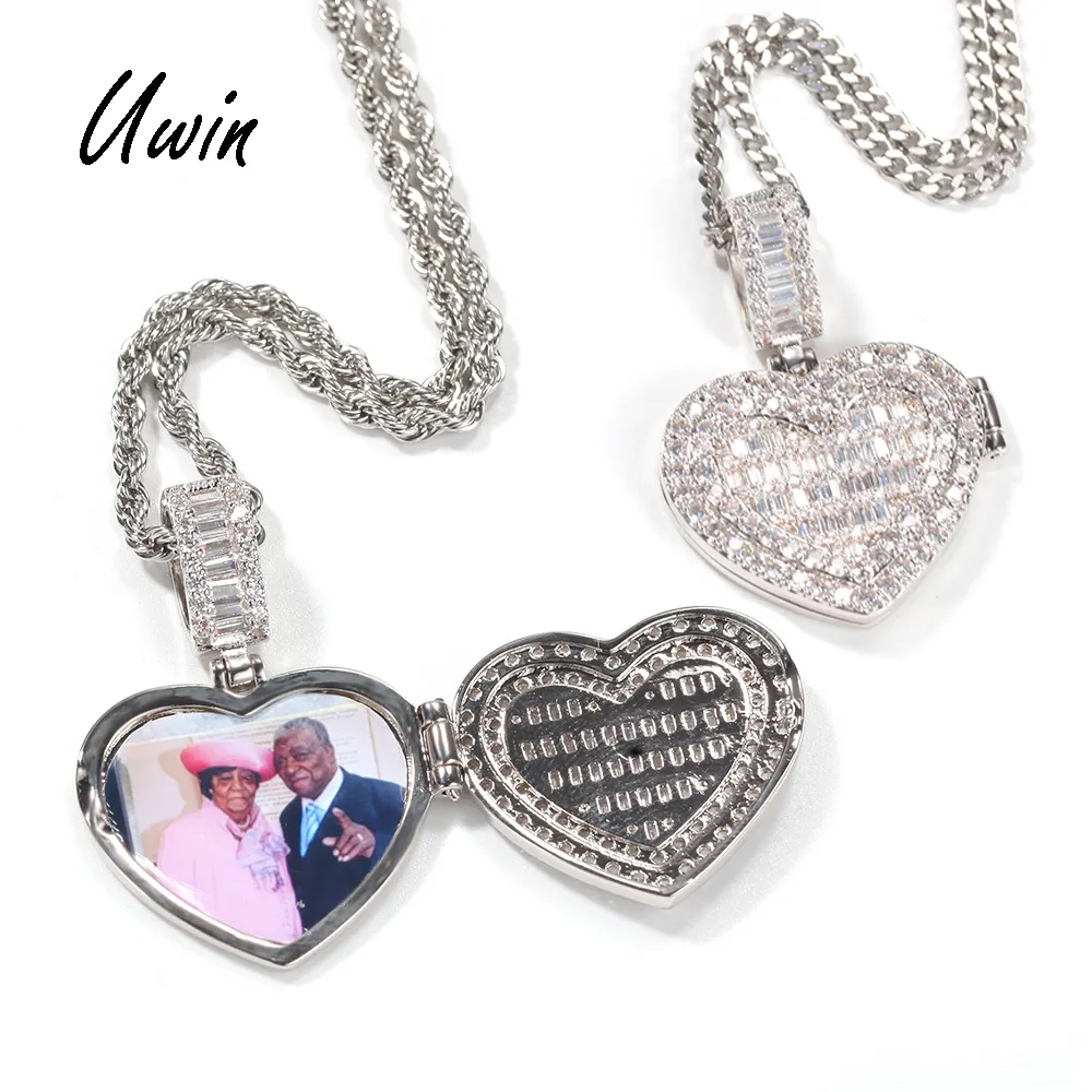 Iced Out CZ Heart Photo Lockets Necklace Empty Memory Photo Frame Pendant for Men and Women