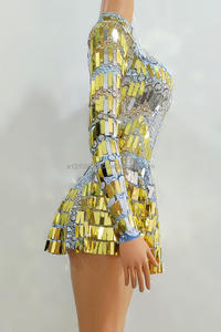Vestido de bar de club nocturno, vestido dorado de lentejuelas de lujo para mujer, vestido de actuación Sexy penetrante de carne de canción para mujer - Product Image 3