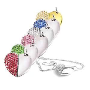 Sublimation USB metal diamond love heart shape USB Flash memory stick pen thumb Drives chain necklace for Giveaways gifts