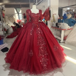 Wx450 <b>Red</b> <b>Glitter</b> Tulle Prom Dress Square Neck Long Sleeve Beaded Lace Ball Gown With Ruffle Hem Jancember - Product Image 6