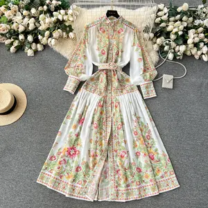 Vestido exquisito de gama alta para ropa de Otoño de mujer nuevo estilo de palacio retro francés estampado de cuello de pie con vestido de cintura