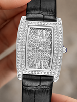 Montre à quartz minimaliste pour femme, forme tonneau, boîtier entièrement incrusté de diamants, cadran Hangzhou, chiffres romains, bracelet en cuir noir tendance