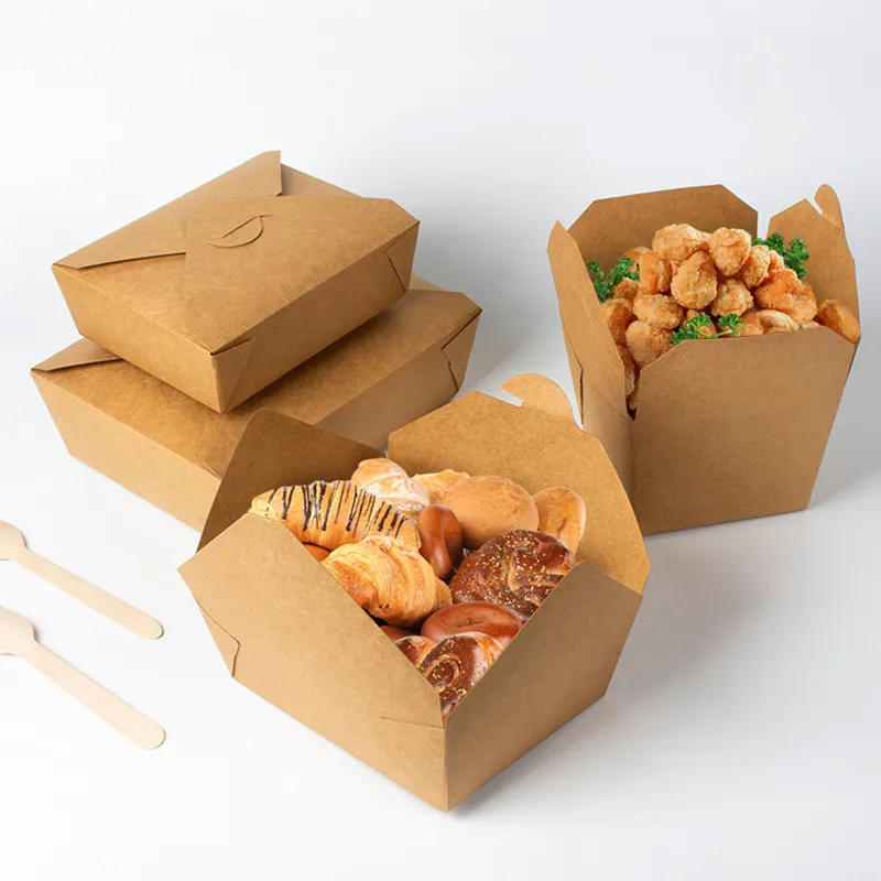 カスタムプリントロゴ生分解性小型ファーストフードコンテナペーパーランチボックスPeコーティングクラフト紙ボックス食品用包装容器