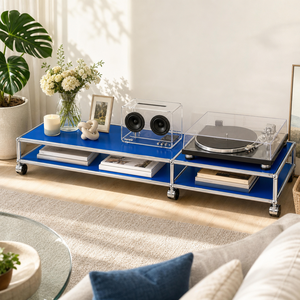 Mobile <span class=keywords><strong>TV</strong></span> Modulare Blu <span class=keywords><strong>in</strong></span> Metallo con Ruote, Supporto Multimediale Basso con Telaio Cromato, Tavolo Porta Giradischi per Soggiorno, Acciaio, Dimensioni e Colore Personalizzabili - Product Image 1