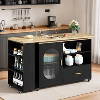 Table de bar îlot de cuisine noire avec plateau en bois, portes vitrées, étagères de rangement, tiroir, roulettes et tabourets roulants