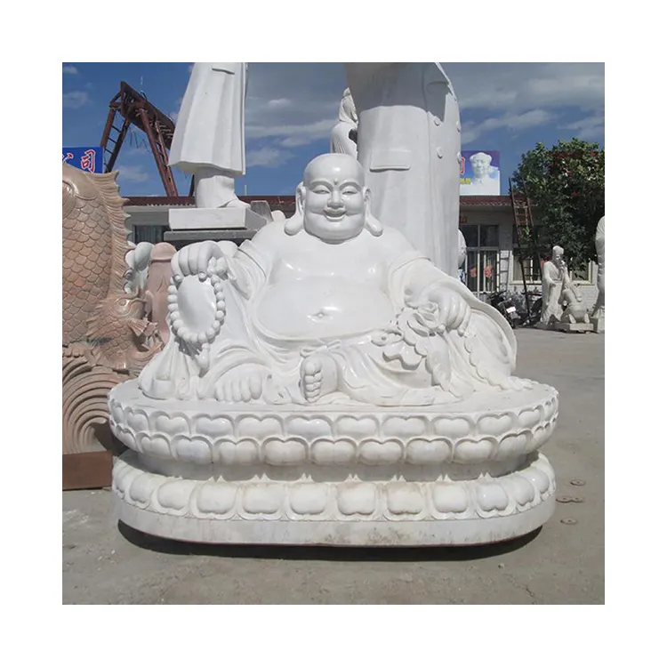 Statua di Buddha in marmo Maitreya che ride felice nudo grande gigante bianco all'aperto
