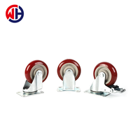 Roues de chariot à roulement à billes double, moyenne capacité, 3, 4, 5 pouces, en polyuréthane rouge et PVC, avec plaque supérieure et frein intégré, capacité totale 150 kg