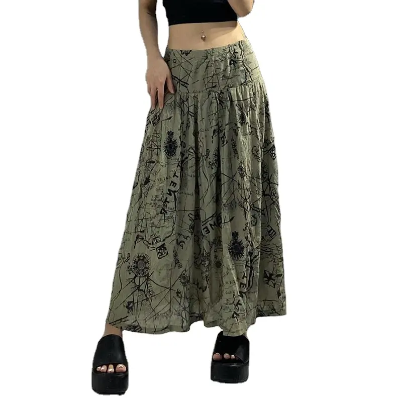 Bohemian style vintage tie dye print contrast long length skirt high waist stitching wrinkled y2k hot girl fashion long skirt