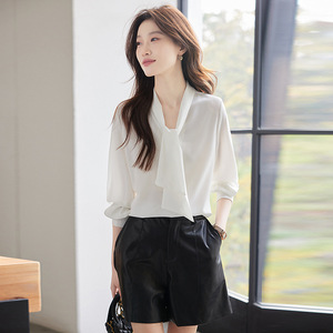 Women's Blue Chiffon Shirt With <b>Wrap</b> Tie Design For Work Professional Blouse Spring Autumn Fashion Top - Product Image 2