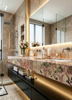 Meuble de salle de bain moderne de luxe à double vasque, noir, mural, avec comptoir en marbre et éclairage LED pour villa
