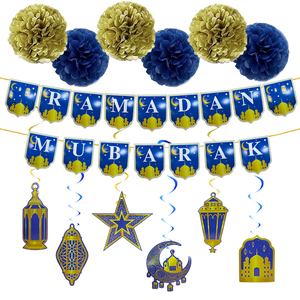 Set de Decoración para Fiesta de Ramadán 640409 - 1 Pancarta, 6 Espirales Colgantes, 6 Pompones, Tema Azul y Dorado, 13 Piezas Pequeñas de Papel - Product Image 4