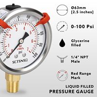 Pengukur Tekanan 0-100 PSI Berisi Cairan Gliserin Dial 2,5" 1/4" NPT Dudukan Bawah Casing Baja Tahan Karat Tekanan Rendah