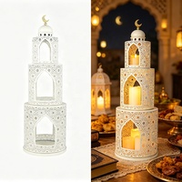 Ensemble de 3 lanternes de mosquée empilables, porte-bougie islamique blanc avec croissant de lune, décoration de centre de table pour le Ramadan