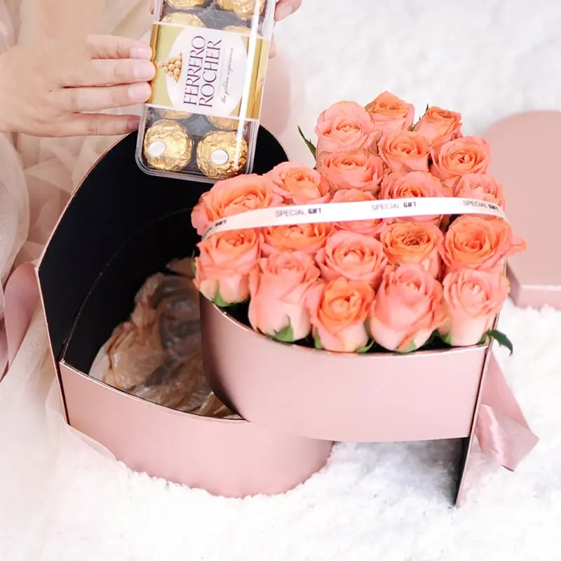 도매 RTS 핑크 회전 장미 꽃 상자 2 층 하트 모양의 꽃 상자 뚜껑과 창 하트 상자 꽃