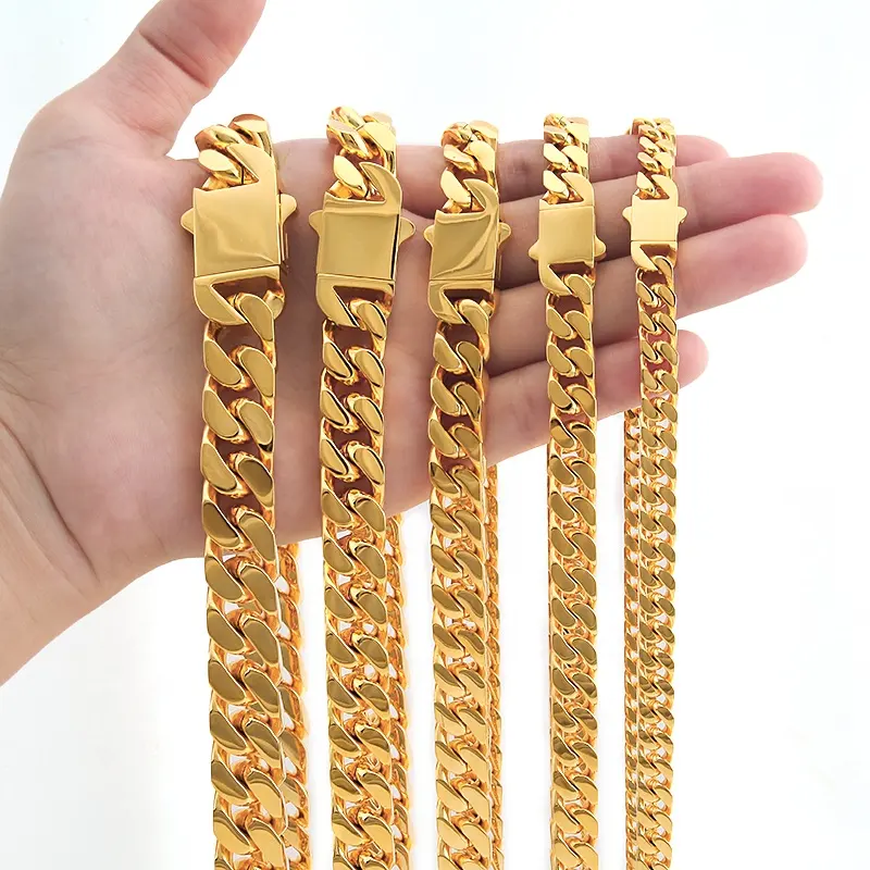 New Arrival Stainless Steel Four Sided Polished Gold Plated Miami Hip Hop Cuban Chain Necklace