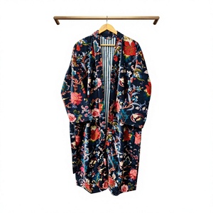 Robe kimono élégante à imprimé floral en velours 100% coton, robe kimono écologique à nouer, robe kimono à manches longues, veste longue pour femmes - Product Image 1