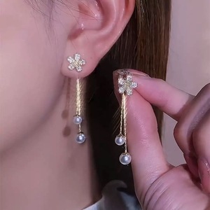 Pendientes <span class=keywords><strong>Largos</strong></span> <span class=keywords><strong>de</strong></span> <span class=keywords><strong>Plata</strong></span> S925 con Perlas y Borlas, Diseño Clásico <span class=keywords><strong>de</strong></span> Aro en Aleación Chapada en Oro, para Compromiso y Boda - Product Image 2