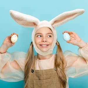 Conejito de Pascua, sombrero con orejas móviles, sombreros divertidos para disfraces de fiesta, disfraz, Cosplay y más conejo blanco y rosa esponjoso para adultos - Product Image 4