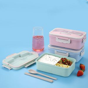 Boîte à bento micro-ondable avec poignée, 3 compartiments, récipient alimentaire rectangulaire divisé, boîte à lunch en paille de blé - Product Image 6