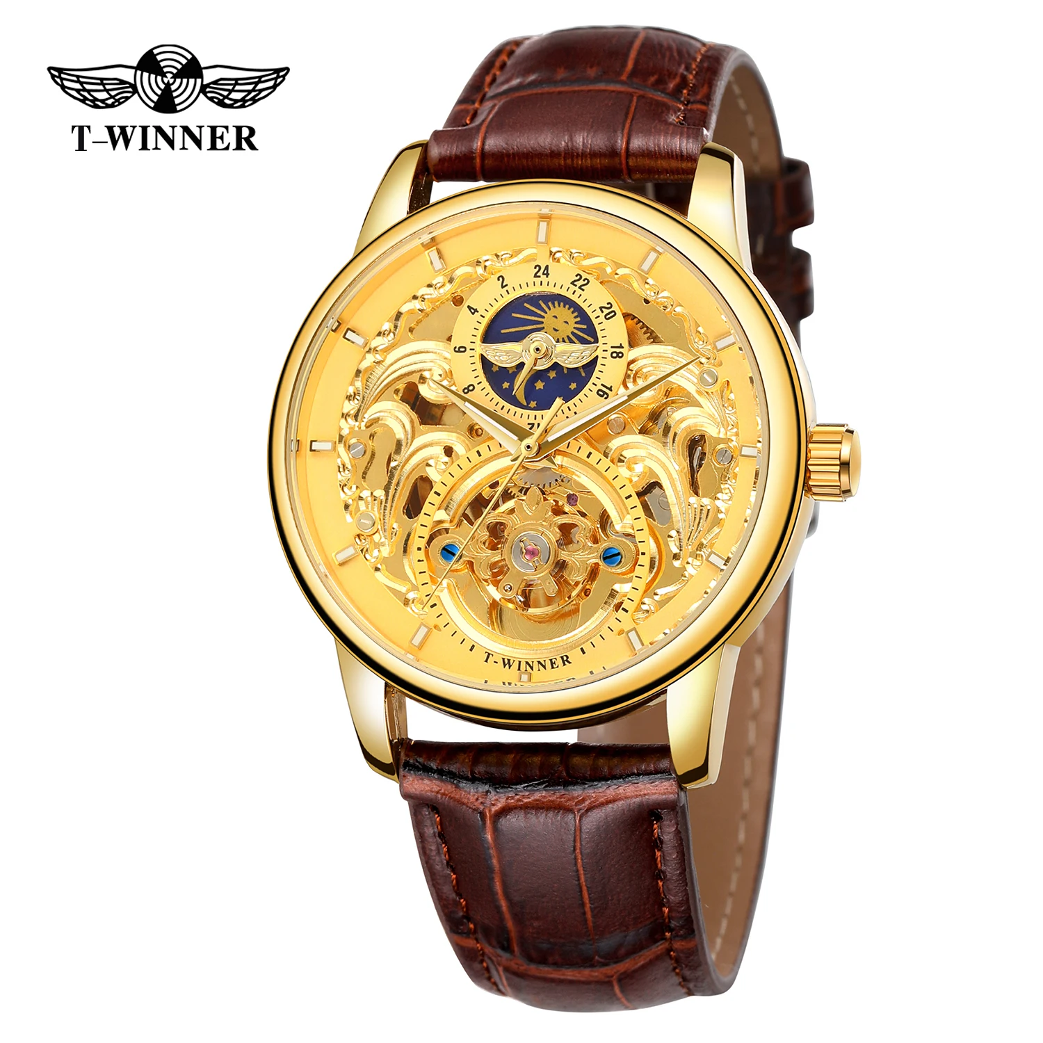 FORSINING Orologio Meccanico Automatico Da Uomo, Cassa 41mm, Quadrante Scheletrato Con Diamanti, Cinturino In Vera Pelle Marrone, Regalo Lusso