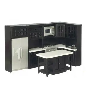 Minyatür Dollhouse 1:12 mutfak mobilyası setleri Modern siyah ahşap dolap mutfak ada