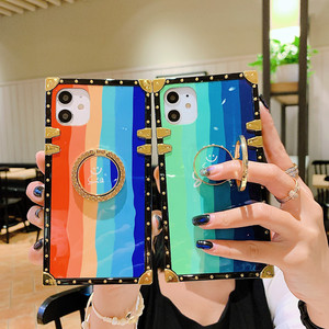 For <span class=keywords><strong>Iphone</strong></span> XR <span class=keywords><strong>11</strong></span> 12 Ladies Square Rainbow Casing Leather  Mobile Phone Case  With Finger Hold - Product Image 1
