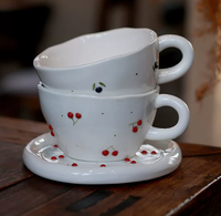 Tasse à café en porcelaine style vintage imprimé cerises, mug sous glaçure pour l'heure du thé de l'après-midi