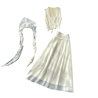 Ensemble deux pièces élégant pour femmes, style français, haut court sans manches en dentelle, jupe longue taille haute, pour le printemps et l'été