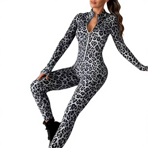 Combinaison de yoga décontractée pour femme à imprimé léopard, broderie, manches longues, taille haute, fermeture éclair avant, coupe ajustée, respirante, en coton et élasthanne - Product Image 1