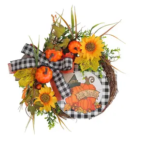 Новое деревянное украшение День Благодарения Подсолнух Осенний тыквенный венок имитация растения дверь висит