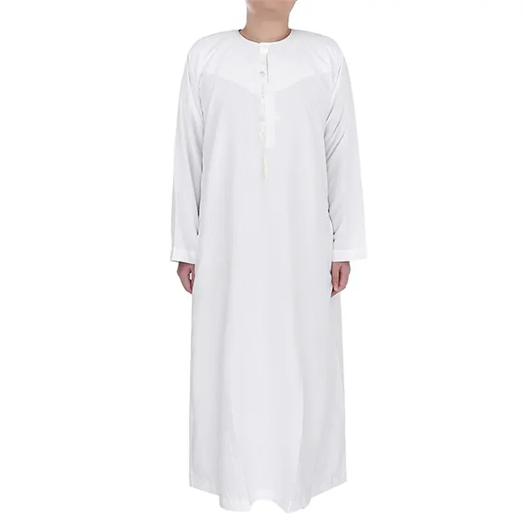 Nhà Máy Bán buôn Trung Đông omani Robe Trắng Polyester Vòng cổ Arabic Robe với mui xe cho nam giới