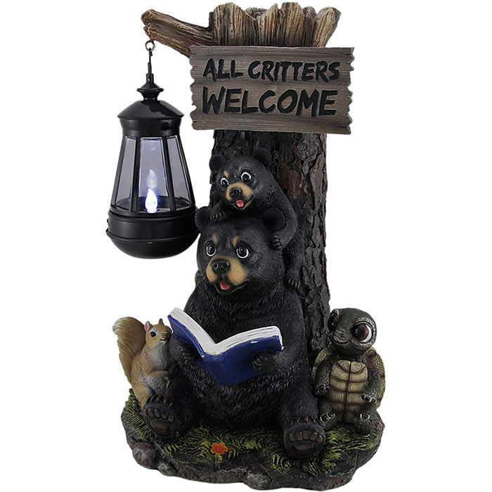 Estatua De Oso Con Farolillo Solar - Decoración De Jardín, Resistente Al Agua, Luz LED Automática, Resina Pintada A Mano, 20x12x10 Cm
