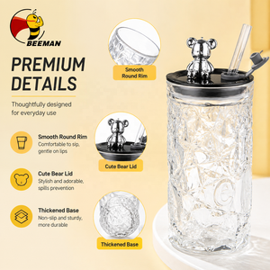 Gelas Sedotan Kaca Beeman 330ml Tumbler Bertekstur, Wadah Minuman <span class=keywords><strong>Reusable</strong></span> Bebas Timbal, Tutup Beruang, Perlengkapan Minuman Dapur, Supplier Grosir OEM - Product Image 2