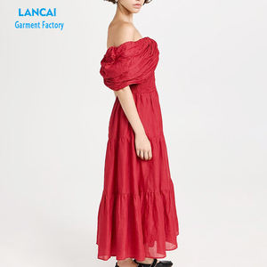 Vestido largo ligero no elástico tejido Slubbed vestido sólido Cambric fuera del hombro - Product Image 2