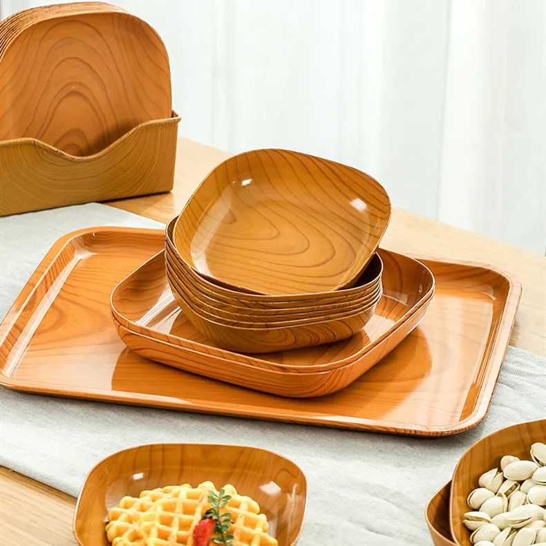 Holzmaserung Snack Obst Nüsse Tablett Spucke Knochens chale Leichte Picknick platten Wieder verwendbare Kunststoff platten Set