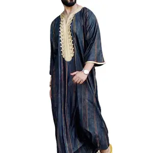 Good quality polyester black color yellow stripe pattern half sleeve lace neck jalabiya pakistan man