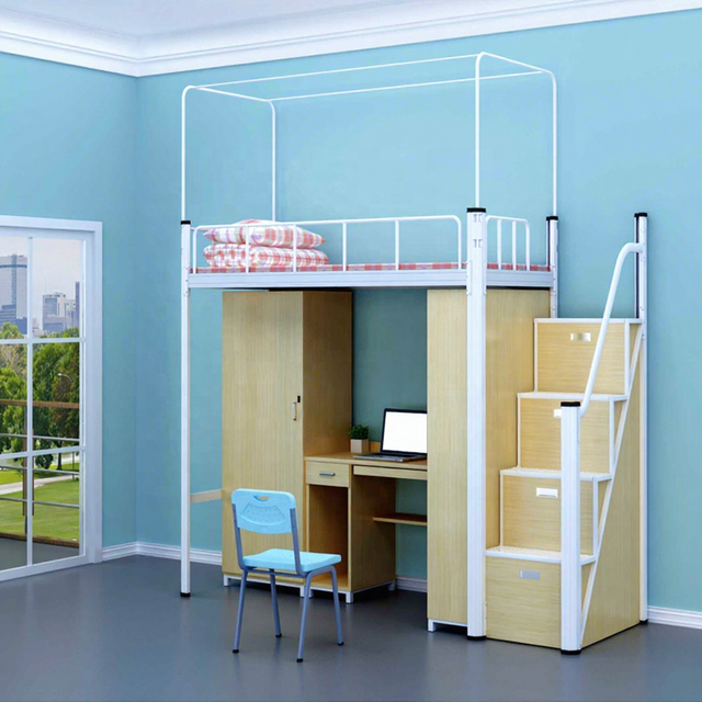Wood and Metal School Student Dormitory Bunk Bed University Double Deck Dor Beds with Study Desk and Wardrobe  and Stairs