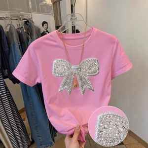 T-shirt casual all'ingrosso 2026 a maniche corte <span class=keywords><strong>con</strong></span> scollo rotondo, fiocco, <span class=keywords><strong>paillettes</strong></span> e stampa motivo burro, traspirante e tinta unita - Product Image 3