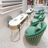 Table de manucure moderne avec cadre en métal doré de luxe, simple ou double, avec un ensemble de chaise et un collecteur de poussière