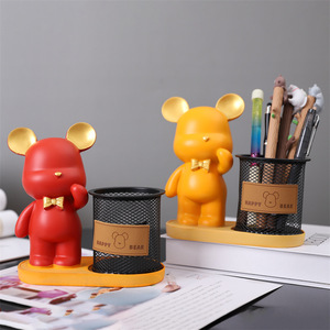 2022 New Design Cartoon Bear Metal <strong>Pen</strong> Holder Resin Crafts Desktop Decoration Round Pencil Cup Wire Mesh <strong>Pen</strong> Organizer for Desk